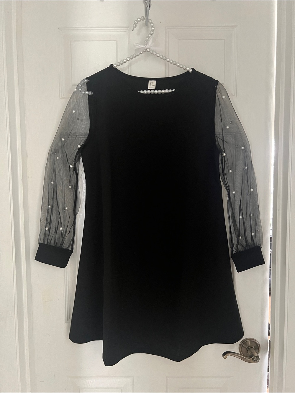Women’s Black Pearl-Embellished Mesh Sleeve Dress